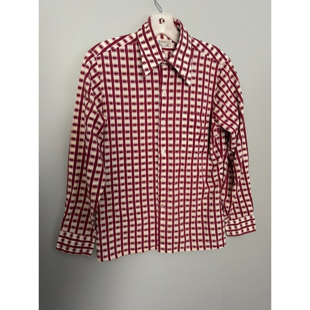 Vintage 70s JCPenney MW Boys 18 Burgundy Grid Plaid Dagmar Dagger Collar Button
